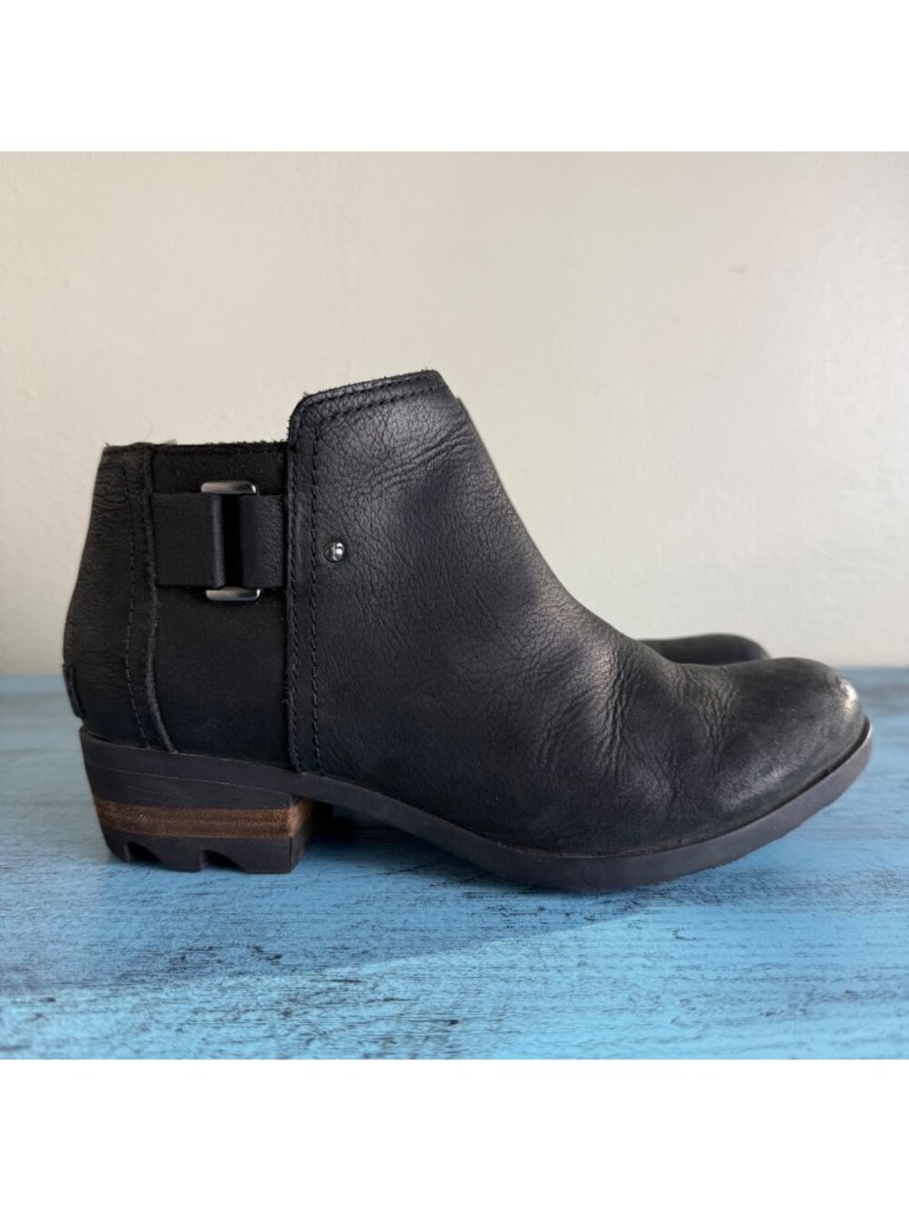 Sorel Black Leather Lolla Ankle Bootie Womens Sz 7